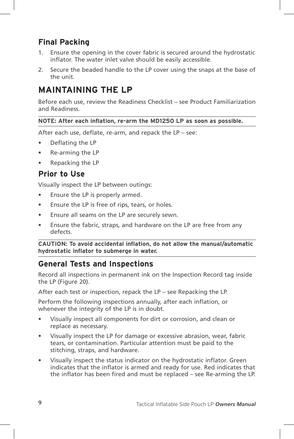 Maintaining the lp, Final packing, Prior to use | General tests and inspections | Mustang Survival MD1250 User Manual | Page 12 / 16