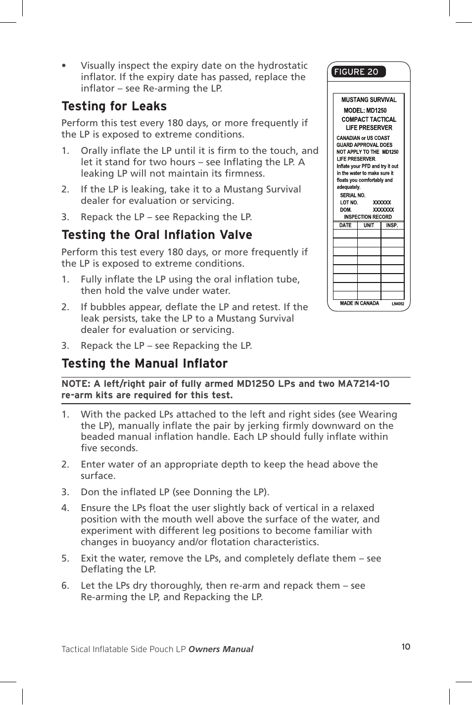 Testing for leaks, Testing the oral inflation valve, Testing the manual inflator | Mustang Survival MD1250 User Manual | Page 13 / 16