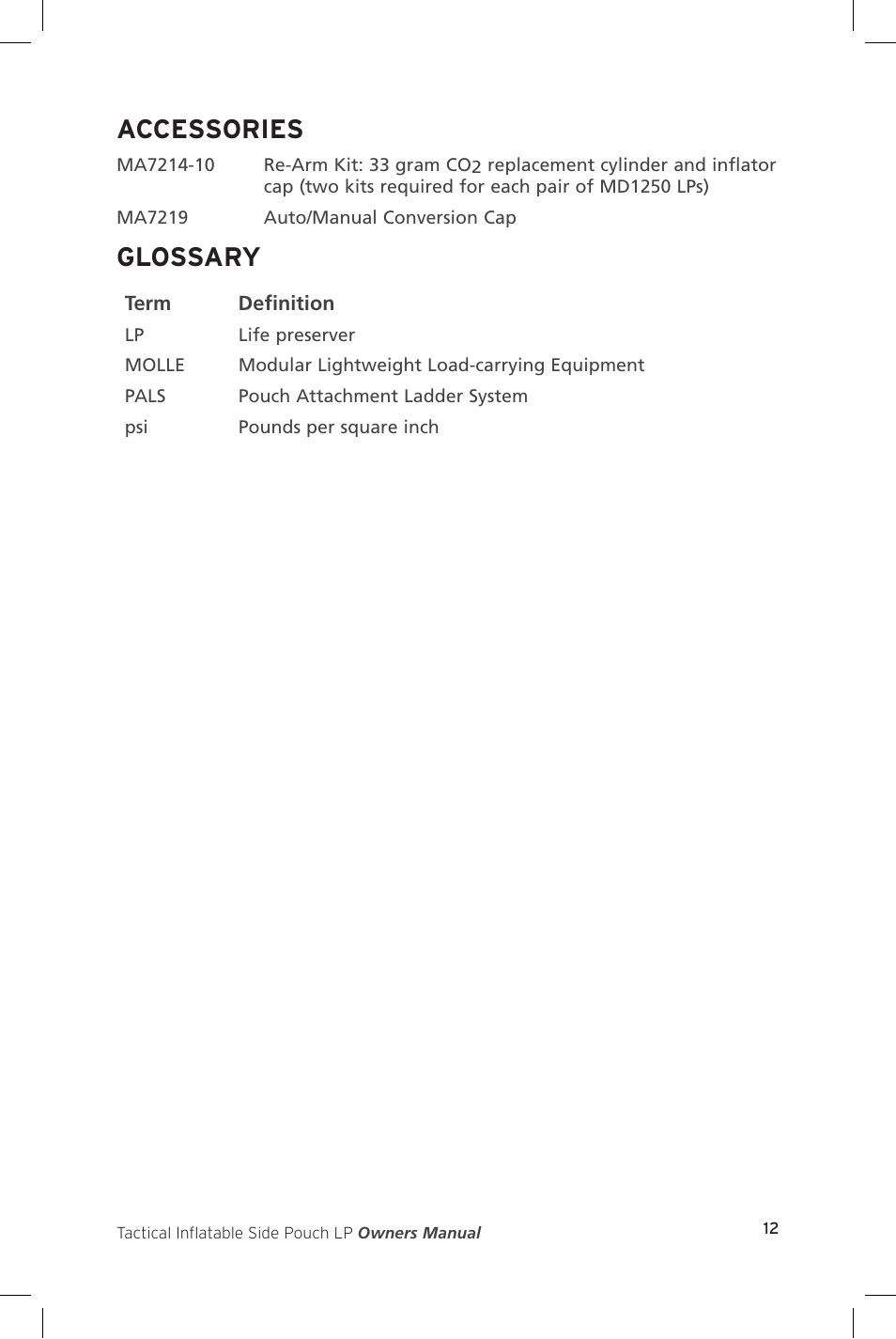 Accessories, Glossary | Mustang Survival MD1250 User Manual | Page 15 / 16