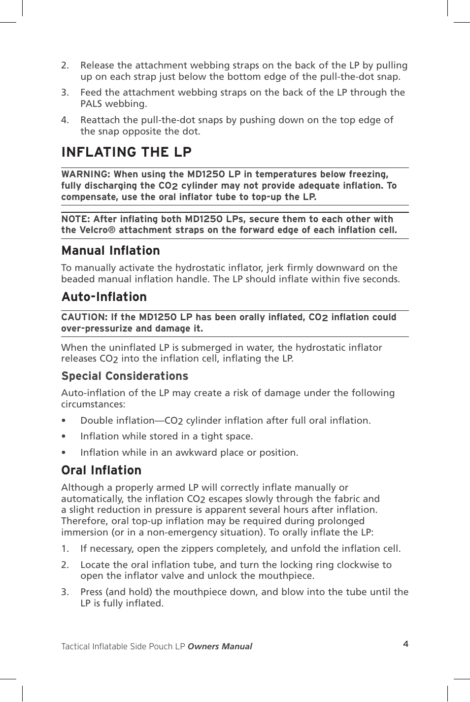 Inflating the lp, Manual inflation, Auto-inflation | Oral inflation, Special considerations | Mustang Survival MD1250 User Manual | Page 7 / 16