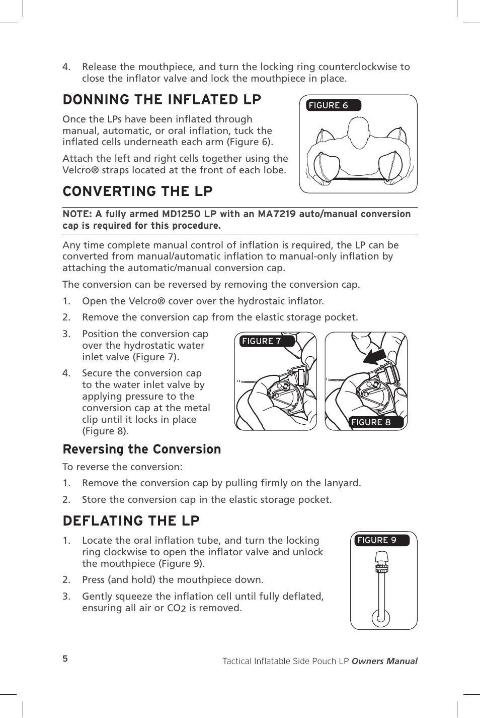 Donning the inflated lp, Converting the lp, Deflating the lp | Reversing the conversion | Mustang Survival MD1250 User Manual | Page 8 / 16