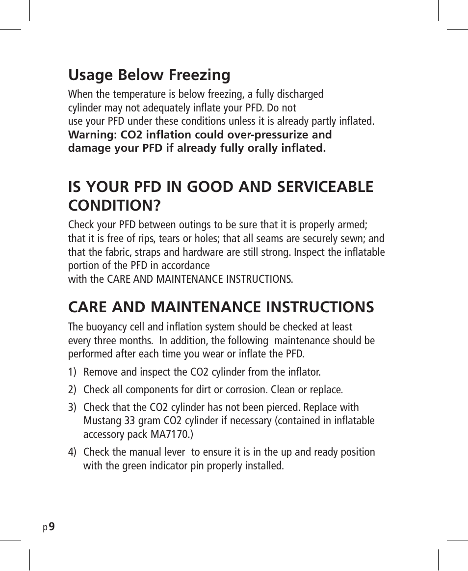 Usage below freezing, Is your pfd in good and serviceable condition, Care and maintenance instructions | Mustang Survival MD3025NV User Manual | Page 10 / 20