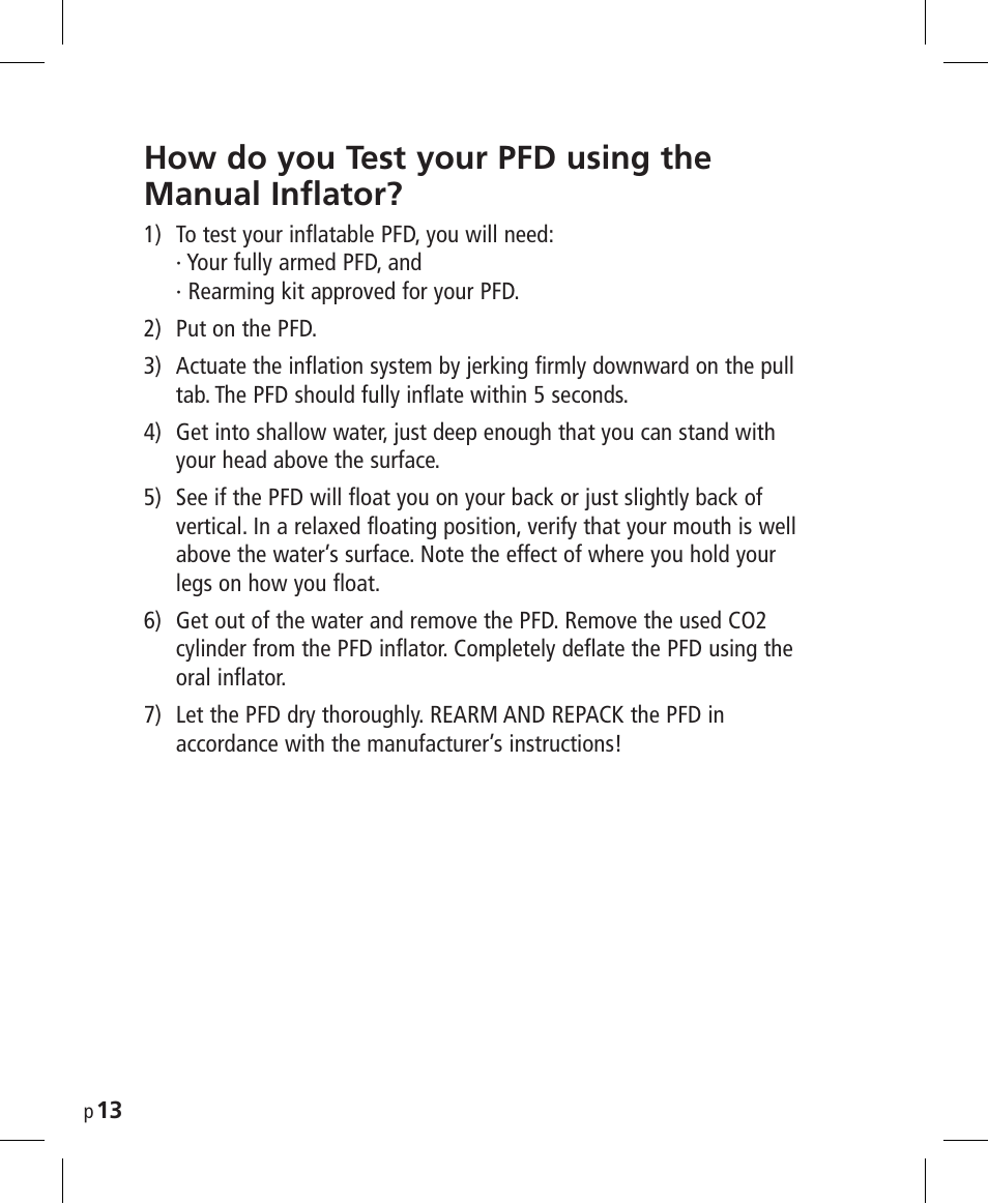 How do you test your pfd using the manual inflator | Mustang Survival MD3025NV User Manual | Page 14 / 20