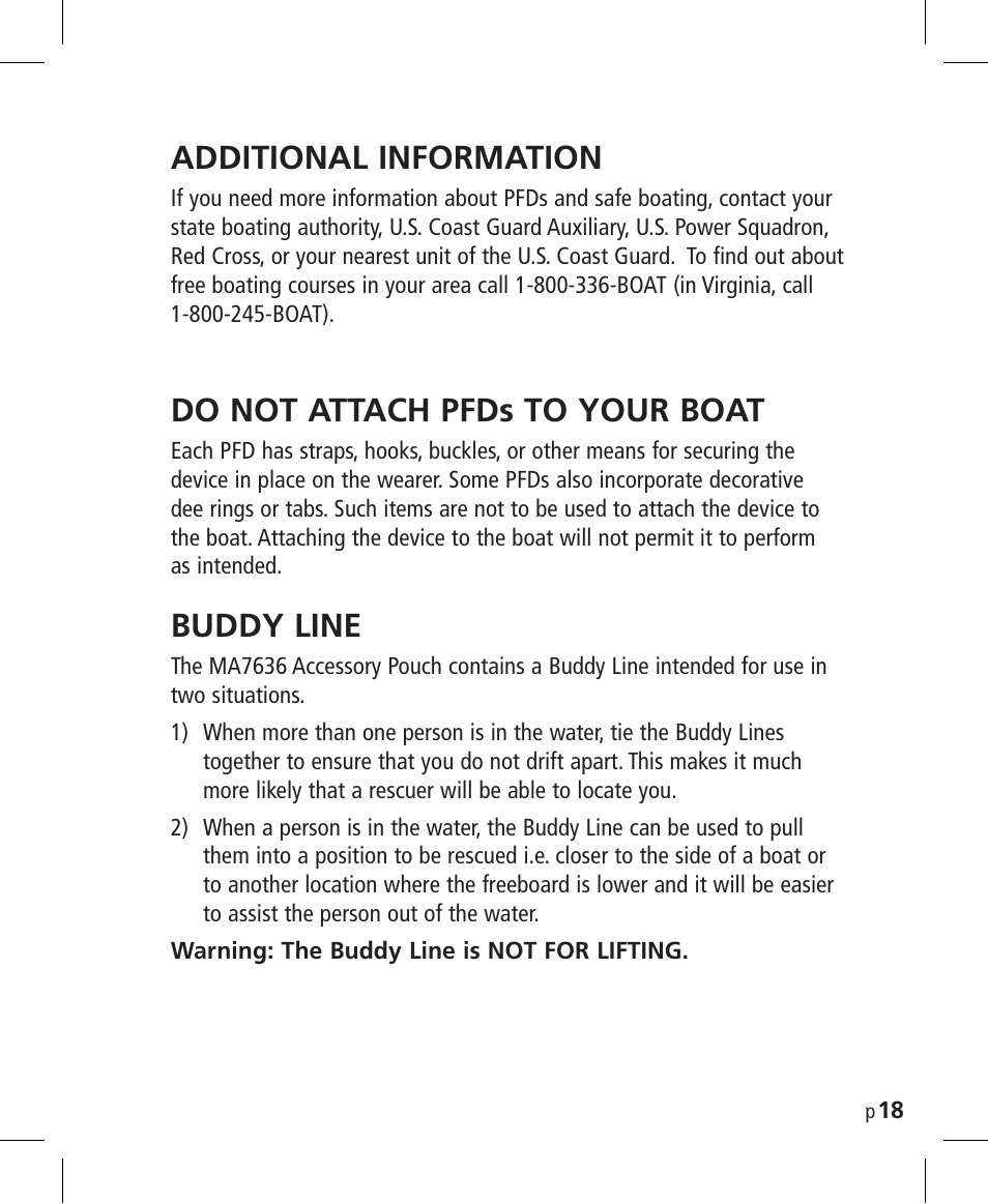 Additional information, Do not attach pfds to your boat, Buddy line | Mustang Survival MD3025NV User Manual | Page 19 / 20