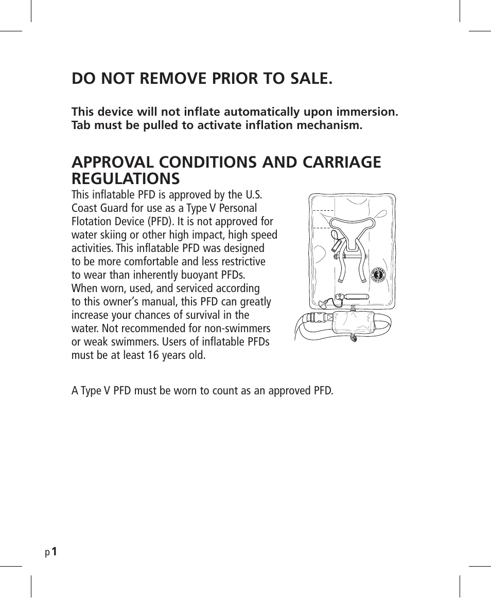 Do not remove prior to sale, Approval conditions and carriage regulations | Mustang Survival MD3025NV User Manual | Page 2 / 20