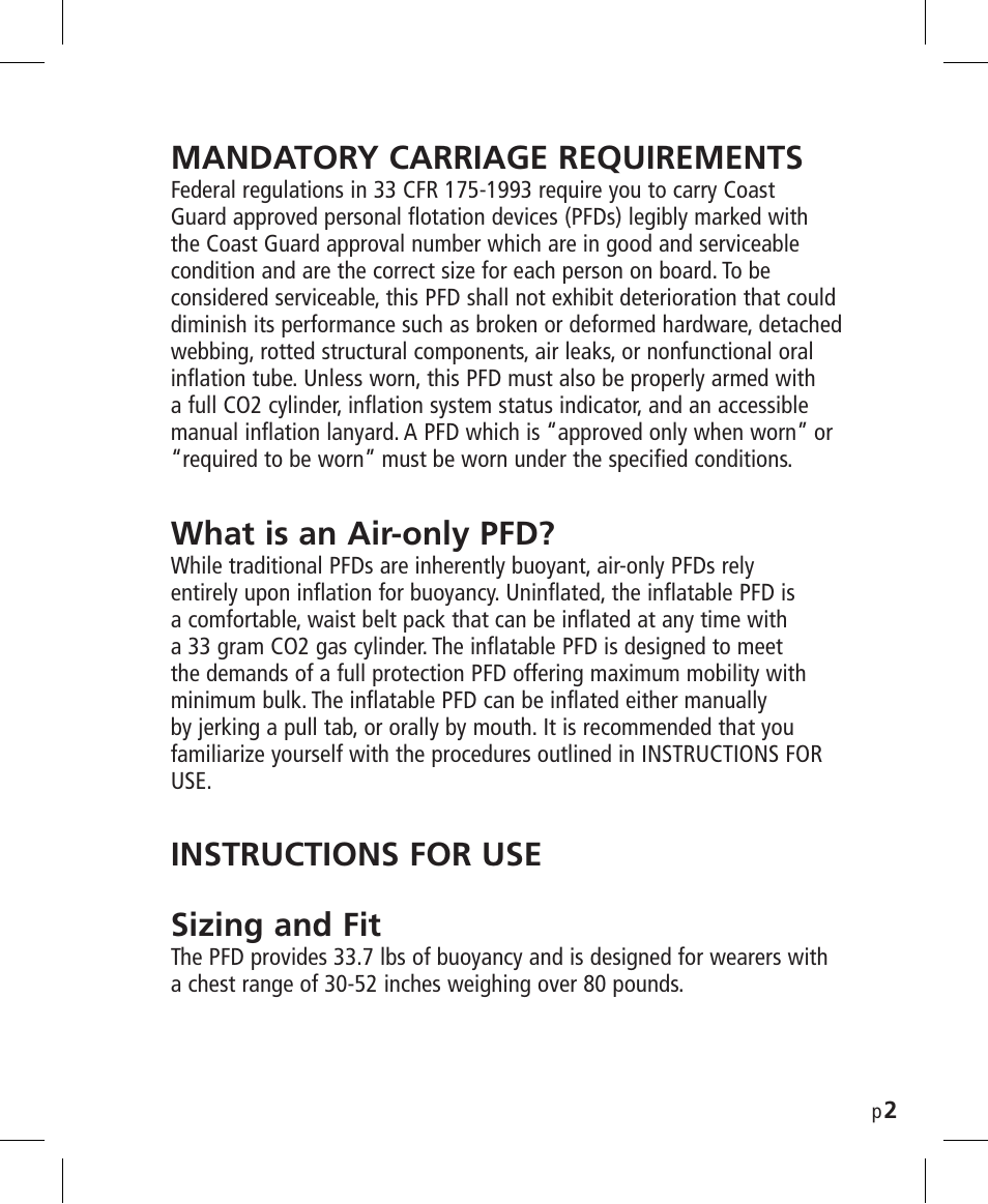 Mandatory carriage requirements, What is an air-only pfd, Instructions for use sizing and fit | Mustang Survival MD3025NV User Manual | Page 3 / 20