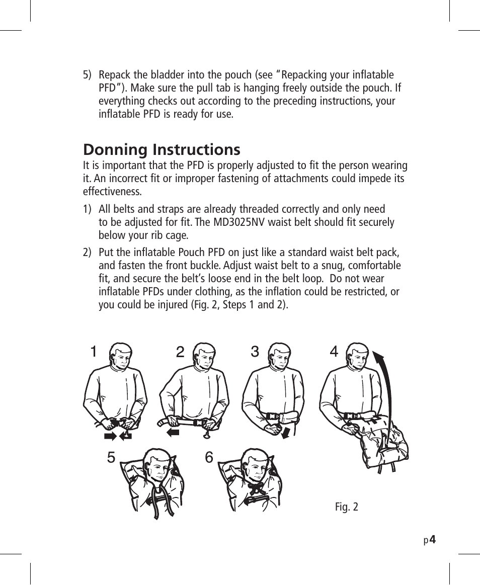 Donning instructions | Mustang Survival MD3025NV User Manual | Page 5 / 20