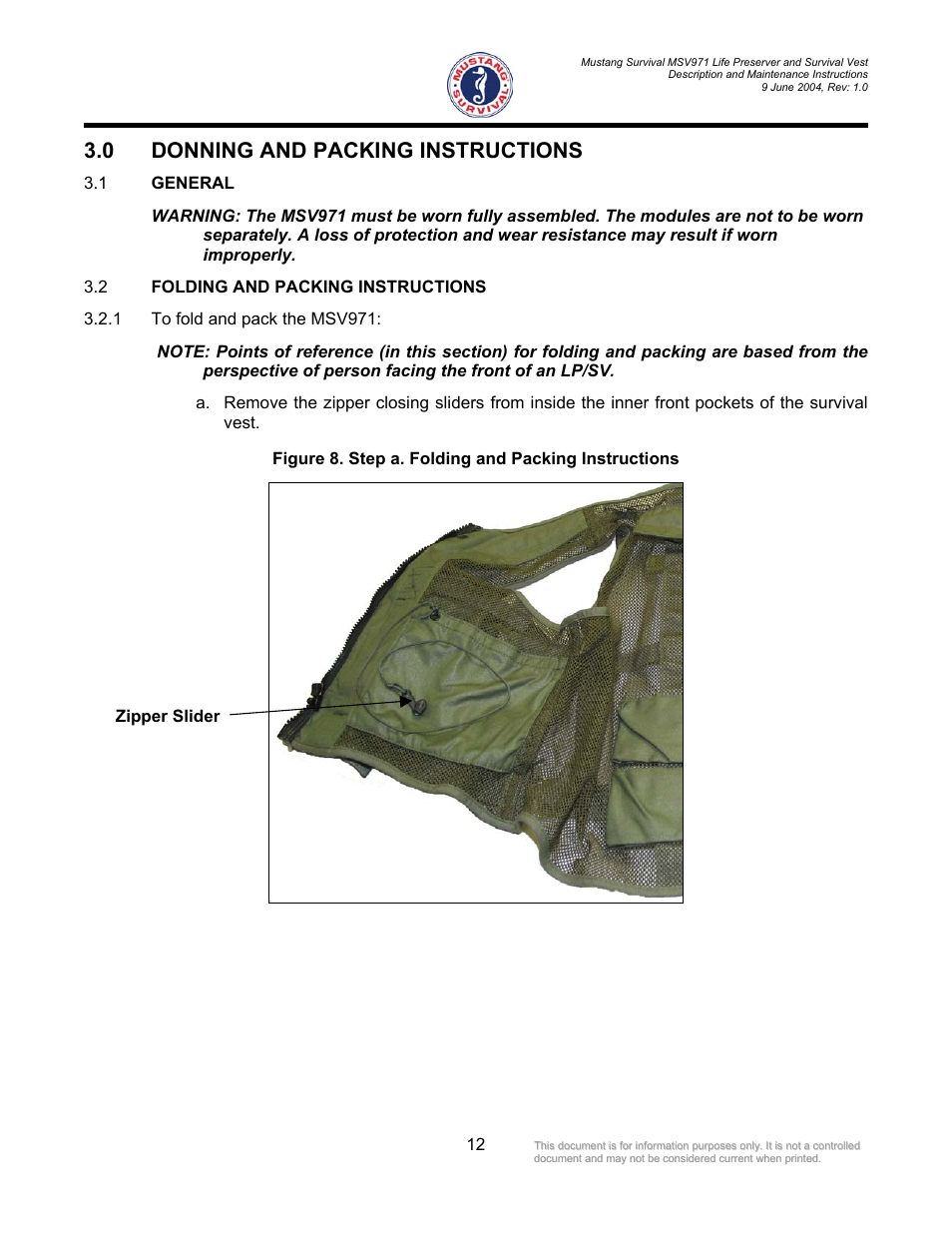 Donning and packing instructions, General, Folding and packing instructions | 0 donning and packing instructions, Figure 8. step a. folding and packing instructions | Mustang Survival MSV971 User Manual | Page 15 / 38