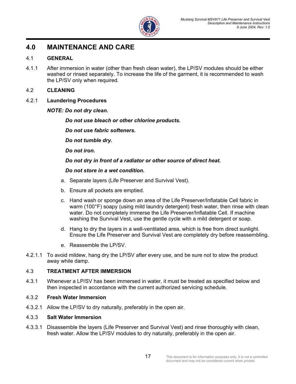 Maintenance and care, General, Cleaning | Laundering procedures, Treatment after immersion, Fresh water immersion, Salt water immersion, 0 maintenance and care | Mustang Survival MSV971 User Manual | Page 20 / 38
