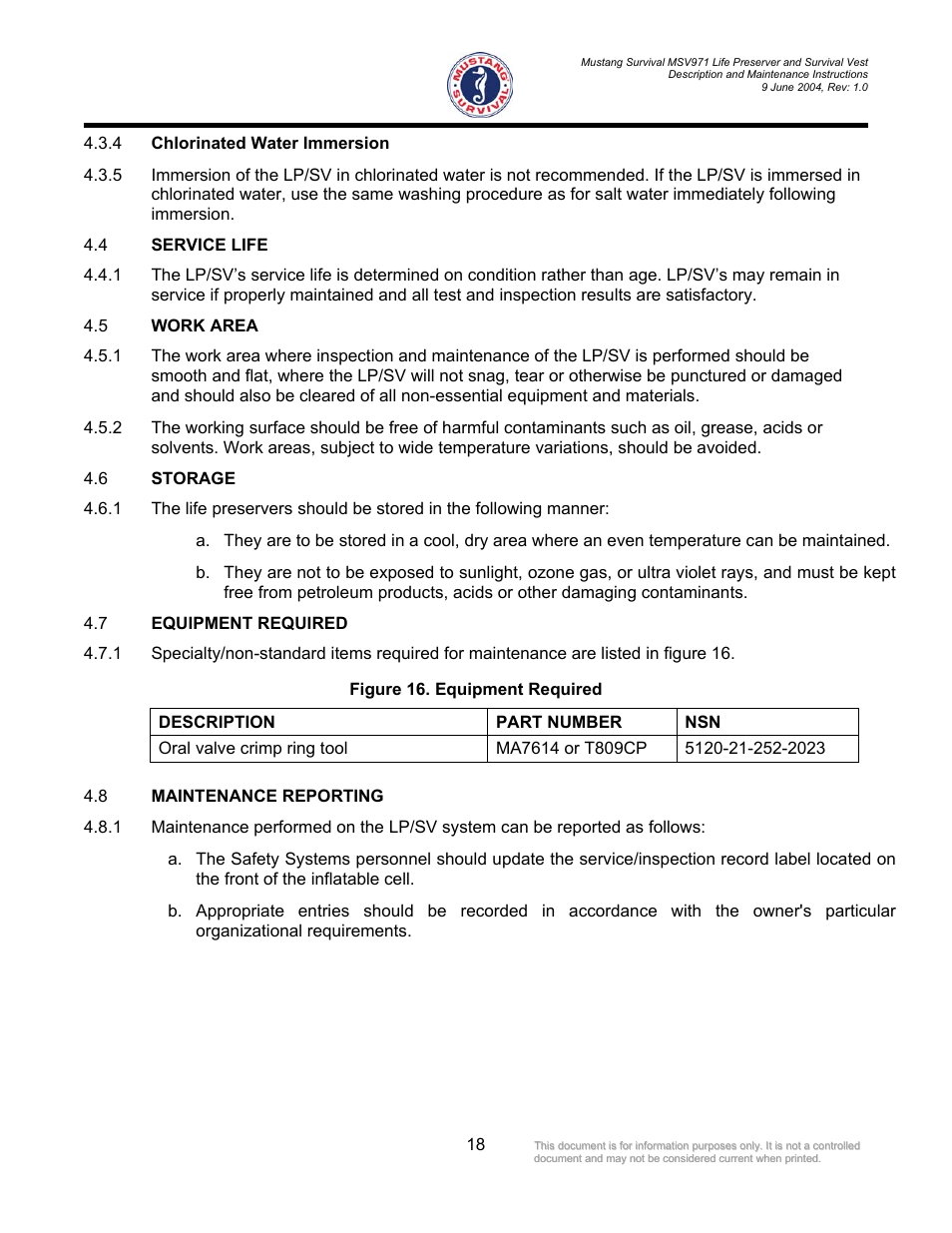 Chlorinated water immersion, Service life, Work area | Storage, Equipment required, Maintenance reporting, Figure 16. equipment required | Mustang Survival MSV971 User Manual | Page 21 / 38