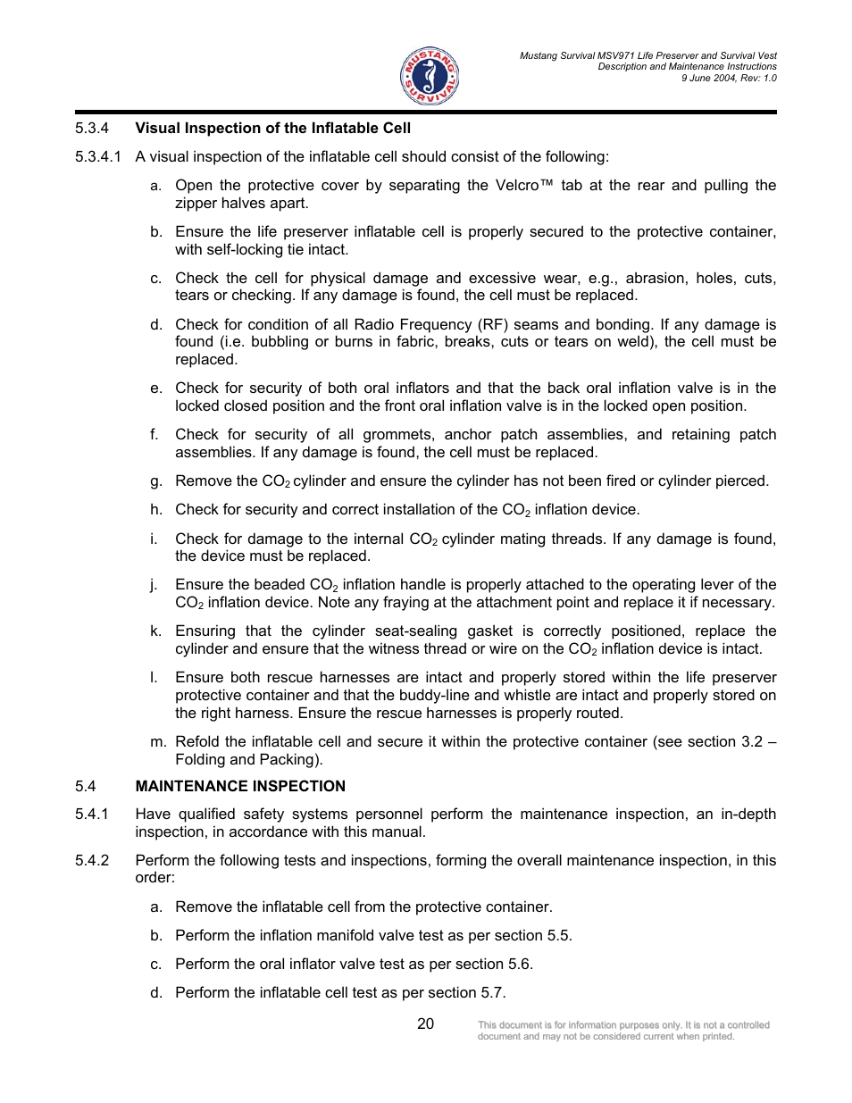 Maintenance inspection | Mustang Survival MSV971 User Manual | Page 23 / 38