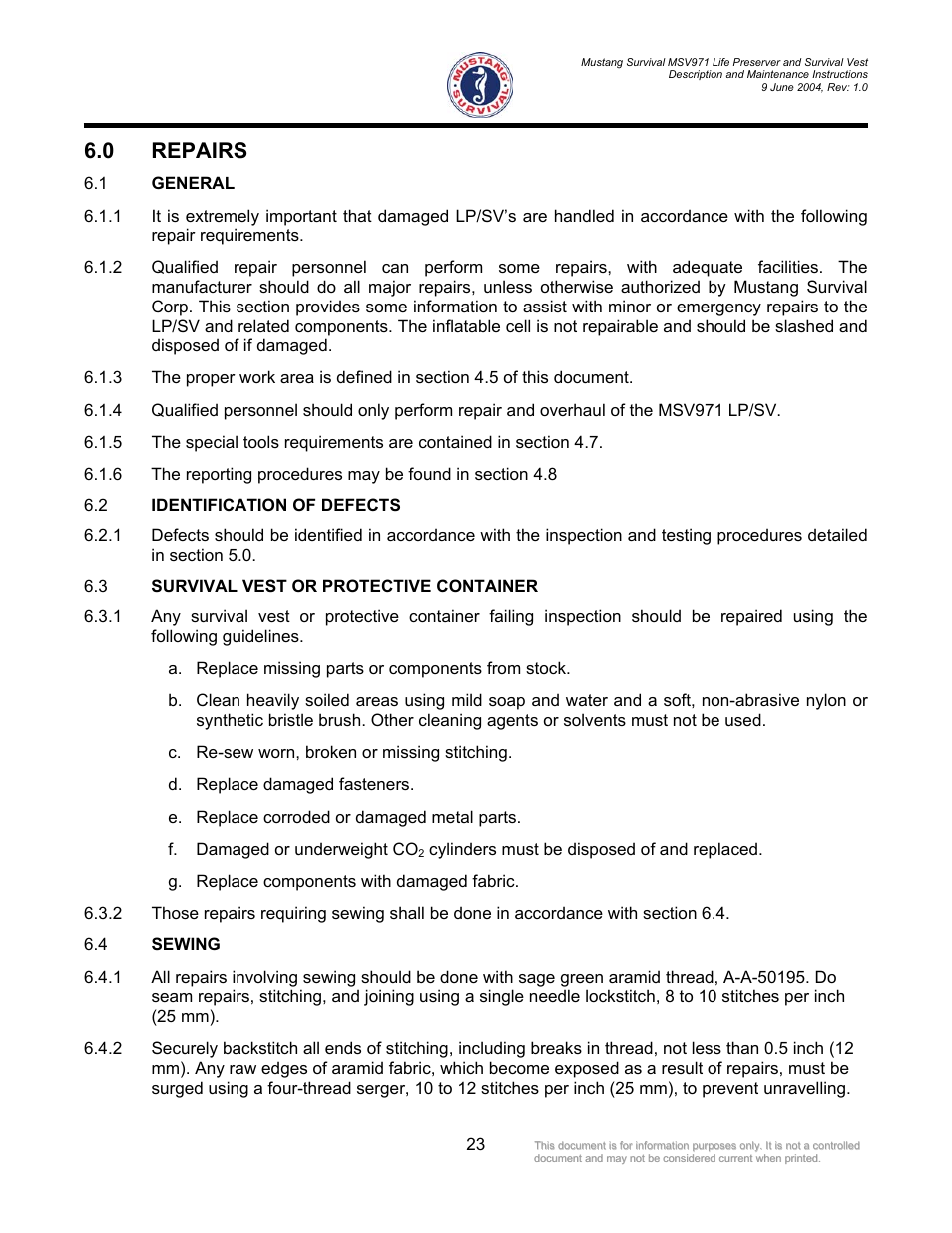 Repairs, General, Identification of defects | Survival vest or protective container, Sewing, 0 repairs | Mustang Survival MSV971 User Manual | Page 26 / 38