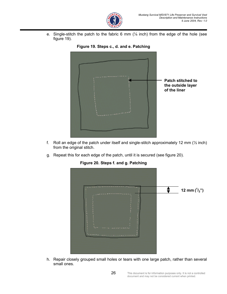 Figure 19. steps c., d. and e. patching, Figure 20. steps f. and g. patching | Mustang Survival MSV971 User Manual | Page 29 / 38
