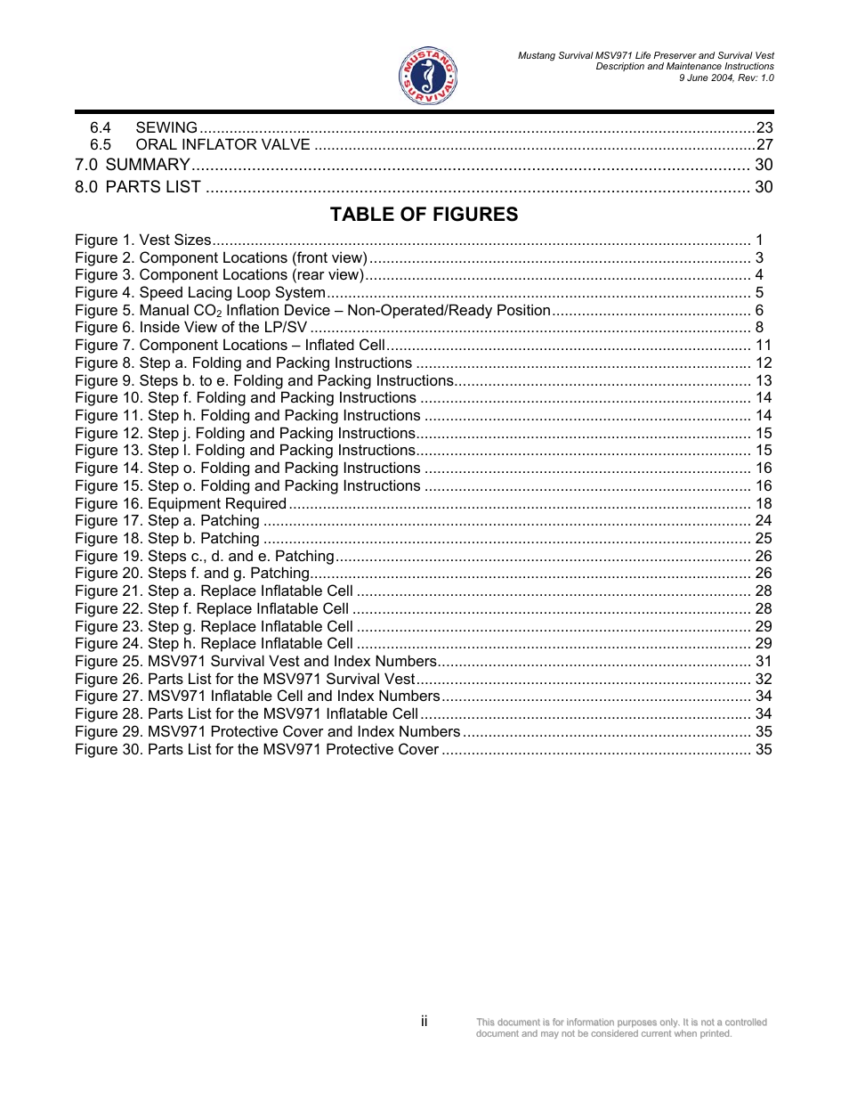 Table of figures, 0 summary 8.0 parts list, Sewing | Oral inflator valve, Figure 1. vest sizes, Figure 2. component locations (front view), Figure 3. component locations (rear view), Figure 4. speed lacing loop system, Figure 5. manual co, Inflation device – non-operated/ready position | Mustang Survival MSV971 User Manual | Page 3 / 38
