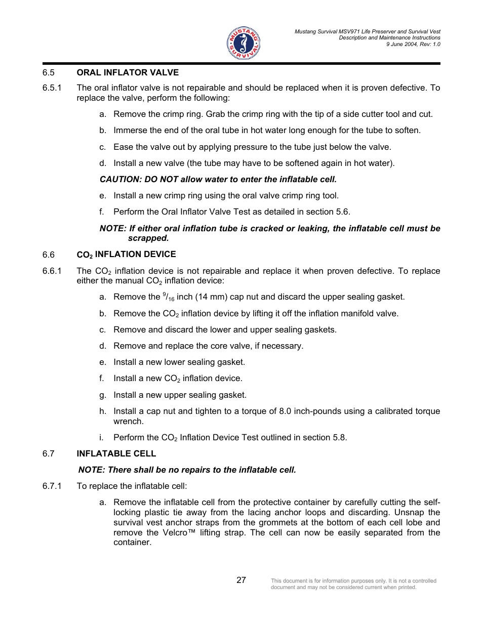 Oral inflator valve, Inflation device the co, Inflation device: a. remove the | Mustang Survival MSV971 User Manual | Page 30 / 38