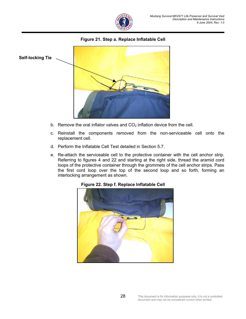 Figure 21. step a. replace inflatable cell, Figure 22. step f. replace inflatable cell | Mustang Survival MSV971 User Manual | Page 31 / 38