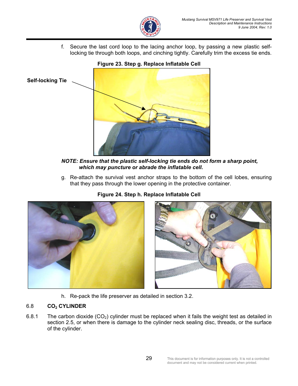 Figure 23. step g. replace inflatable cell, Figure 24. step h. replace inflatable cell, Cylinder 6.8.1 the carbon dioxide (co | Mustang Survival MSV971 User Manual | Page 32 / 38