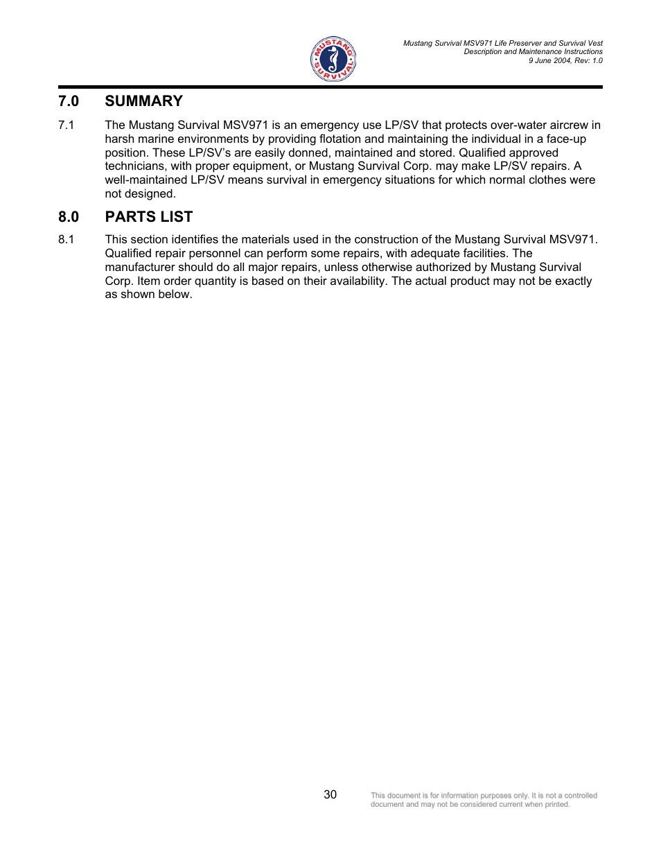 Summary, Parts list, 0 summary 8.0 parts list | 0 summary, 0 parts list | Mustang Survival MSV971 User Manual | Page 33 / 38