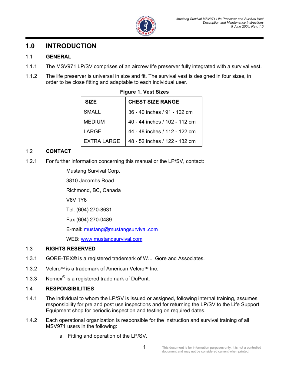 Introduction, General, Contact | Rights reserved, Responsibilities, 0 introduction, Figure 1. vest sizes | Mustang Survival MSV971 User Manual | Page 4 / 38