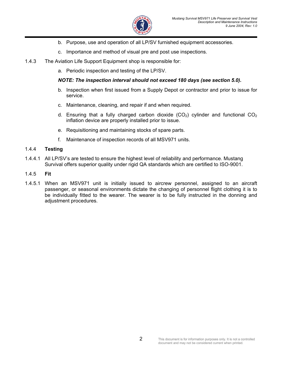 Testing, Cylinder and functional co | Mustang Survival MSV971 User Manual | Page 5 / 38