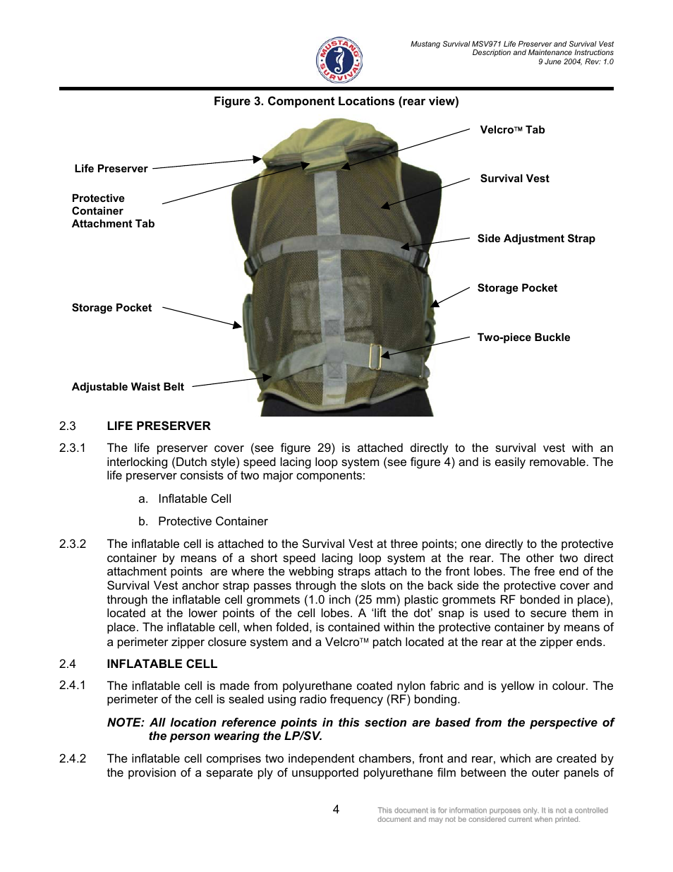 Life preserver, Inflatable cell, Figure 3. component locations (rear view) | Velcro  tab adjustable waist belt, Storage pocket, Protective container attachment tab life preserver | Mustang Survival MSV971 User Manual | Page 7 / 38