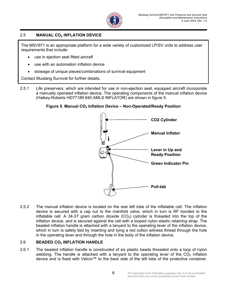 Manual co2 inflation device, Beaded co2 inflation handle, Manual co | Inflation device, Beaded co, Inflation handle, Figure 5. manual co, Inflation device – non-operated/ready position, 5 manual co | Mustang Survival MSV971 User Manual | Page 9 / 38