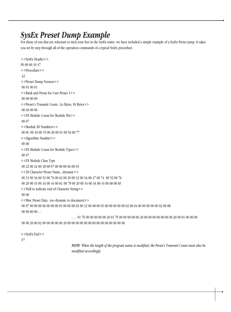 Sysex preset dump example, User guide | Millennium Enterprises Integrated Modeling Amplifier User Manual | Page 105 / 116