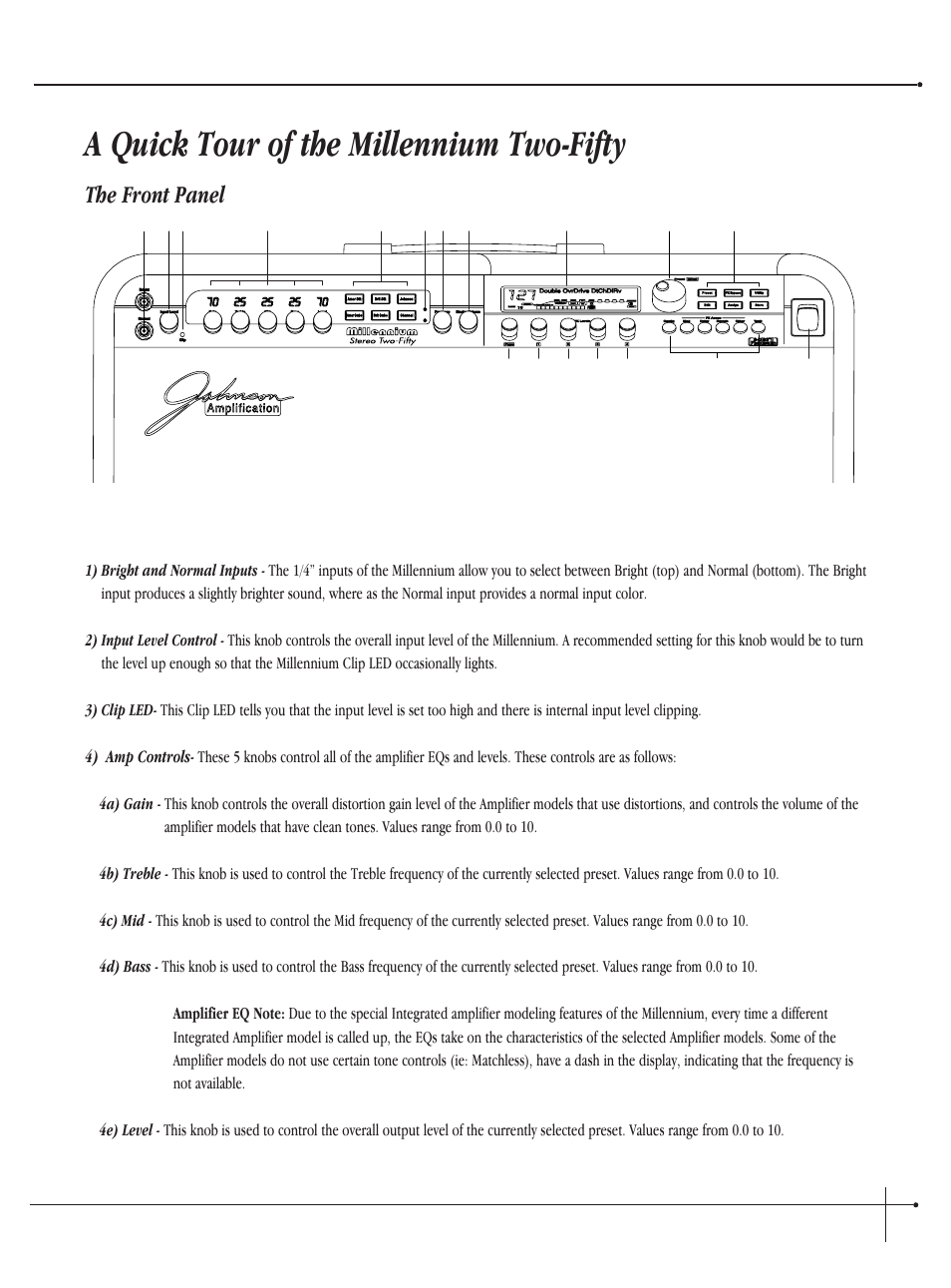 A quick tour of the millennium two-fifty, The front panel, User guide | Millennium Enterprises Integrated Modeling Amplifier User Manual | Page 11 / 116