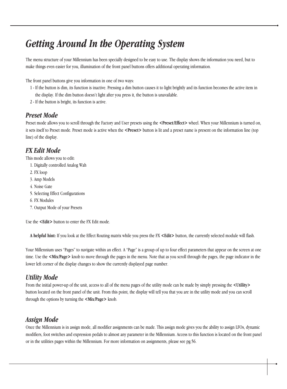 Getting around in the operating system, Preset mode, Fx edit mode | Utility mode, Assign mode | Millennium Enterprises Integrated Modeling Amplifier User Manual | Page 23 / 116