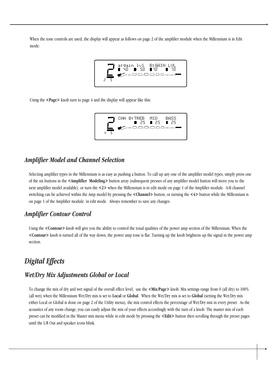 Digital effects, Amplifier model and channel selection, Amplifier contour control | Wet/dry mix adjustments global or local, User guide, Johnson millennium, Chn b:treb mid bass, A:gain lvl b:gain lvl | Millennium Enterprises Integrated Modeling Amplifier User Manual | Page 25 / 116