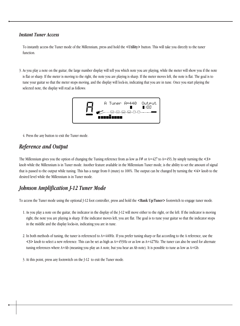 Reference and output, Johnson amplification j-12 tuner mode, User guide | Instant tuner access, Johnson millennium, A tuner a=440 output | Millennium Enterprises Integrated Modeling Amplifier User Manual | Page 28 / 116