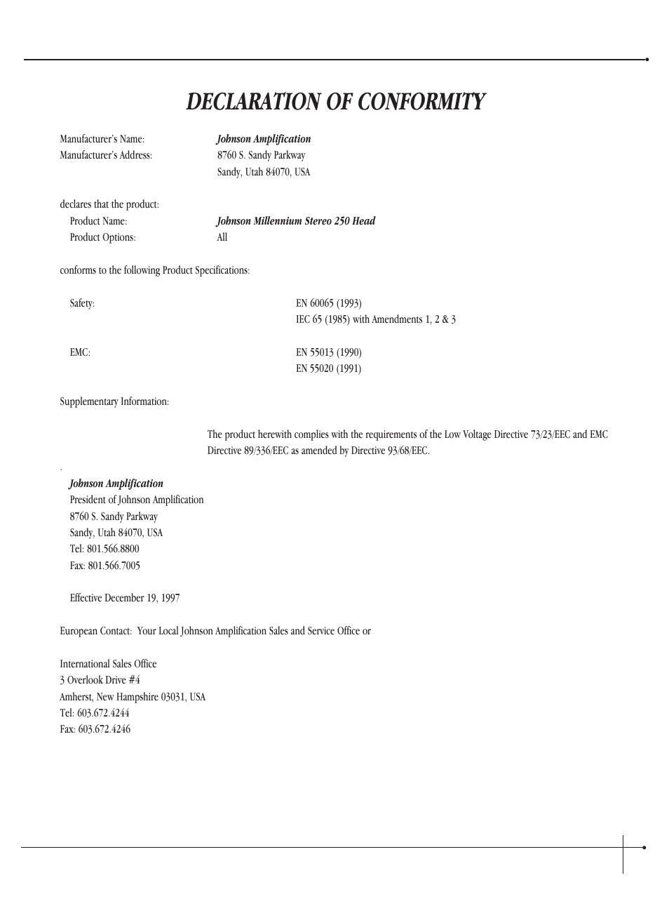 Declaration of conformity, User guide | Millennium Enterprises Integrated Modeling Amplifier User Manual | Page 3 / 116
