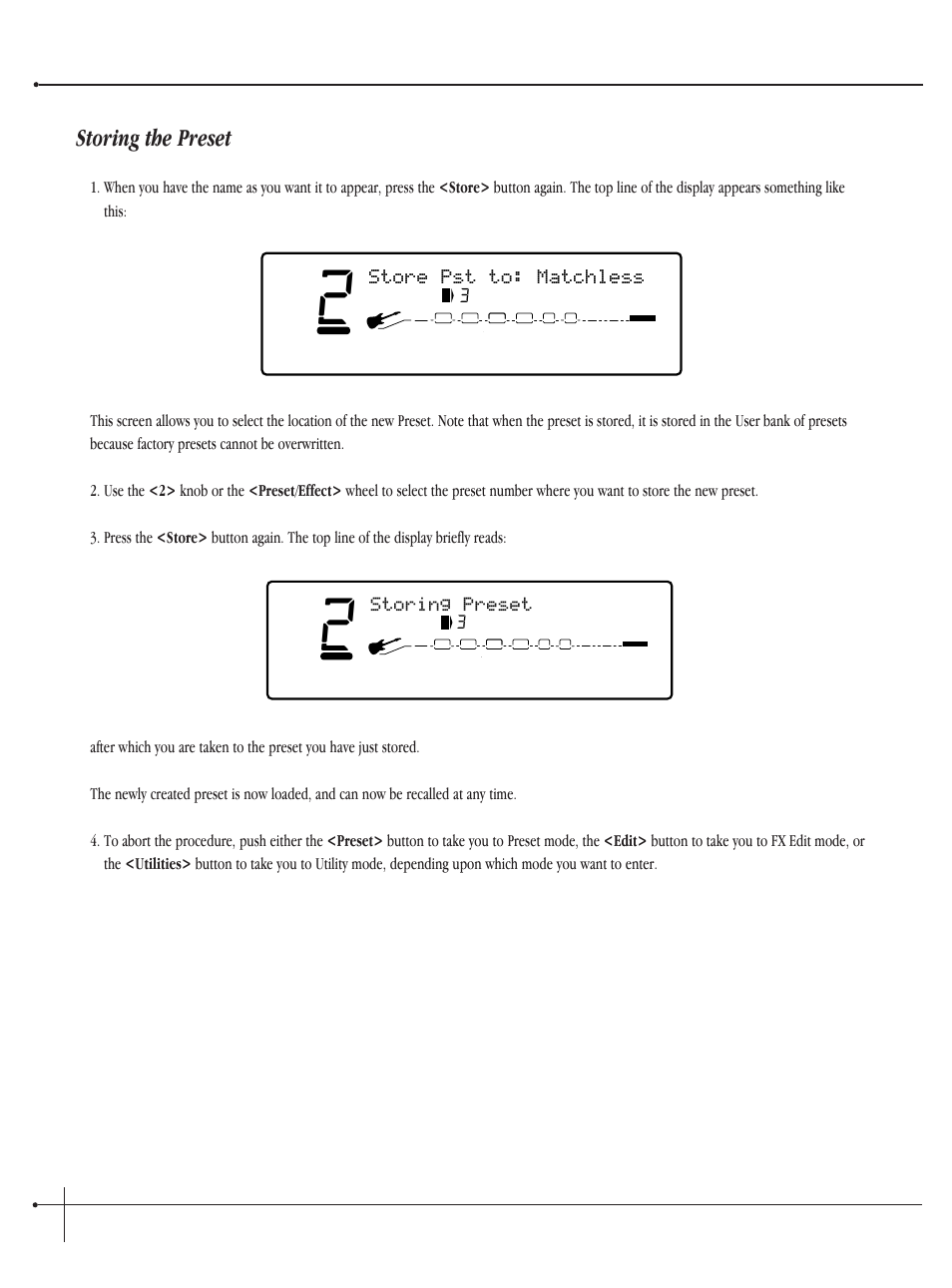 Storing the preset, User guide, Store pst to: matchless | Storing preset, Johnson millennium | Millennium Enterprises Integrated Modeling Amplifier User Manual | Page 30 / 116