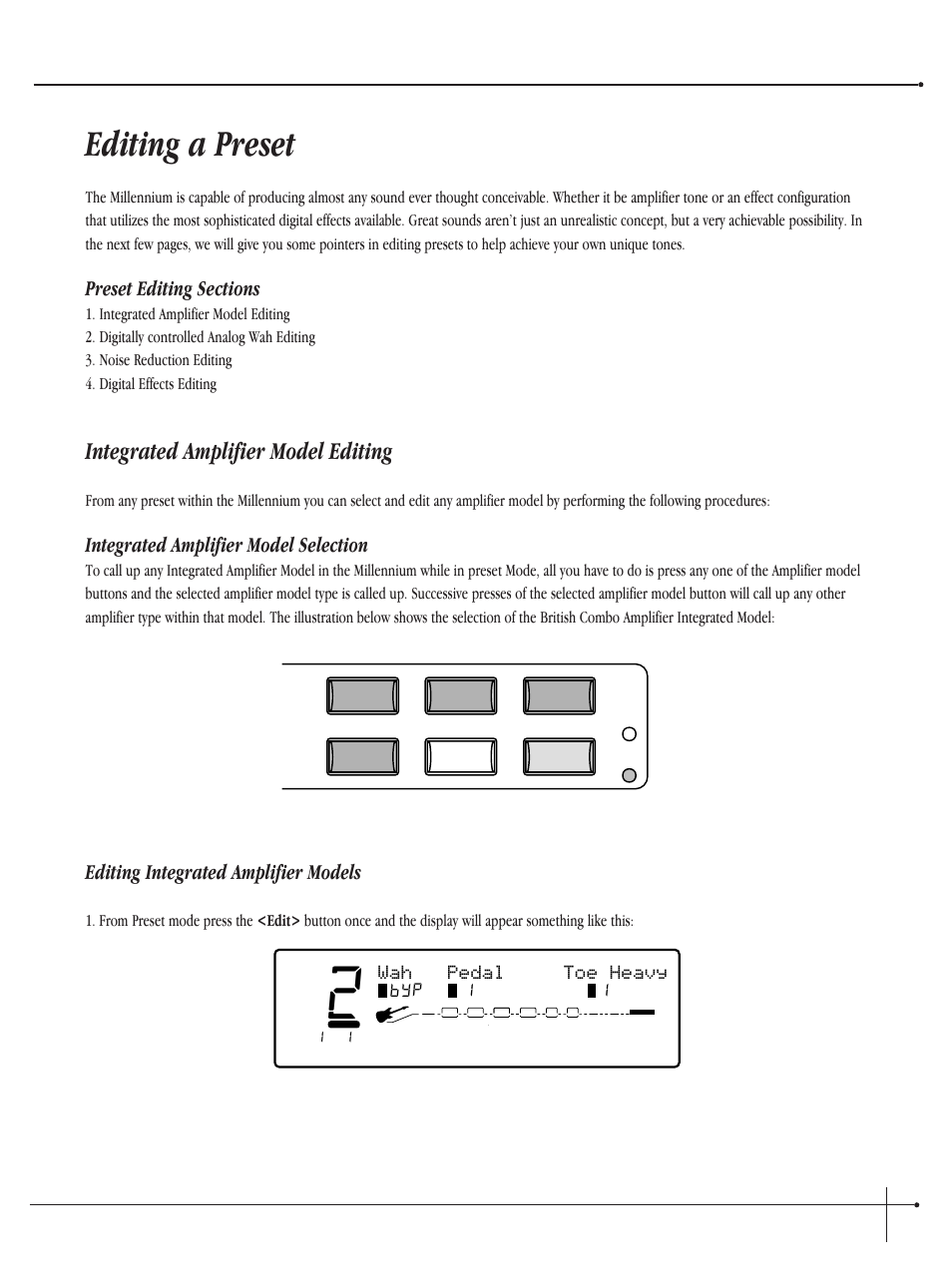 Editing a preset, Integrated amplifier model editing, User guide | Integrated amplifier model selection, Editing integrated amplifier models, Wah pedal toe heavy, Johnson millennium | Millennium Enterprises Integrated Modeling Amplifier User Manual | Page 31 / 116