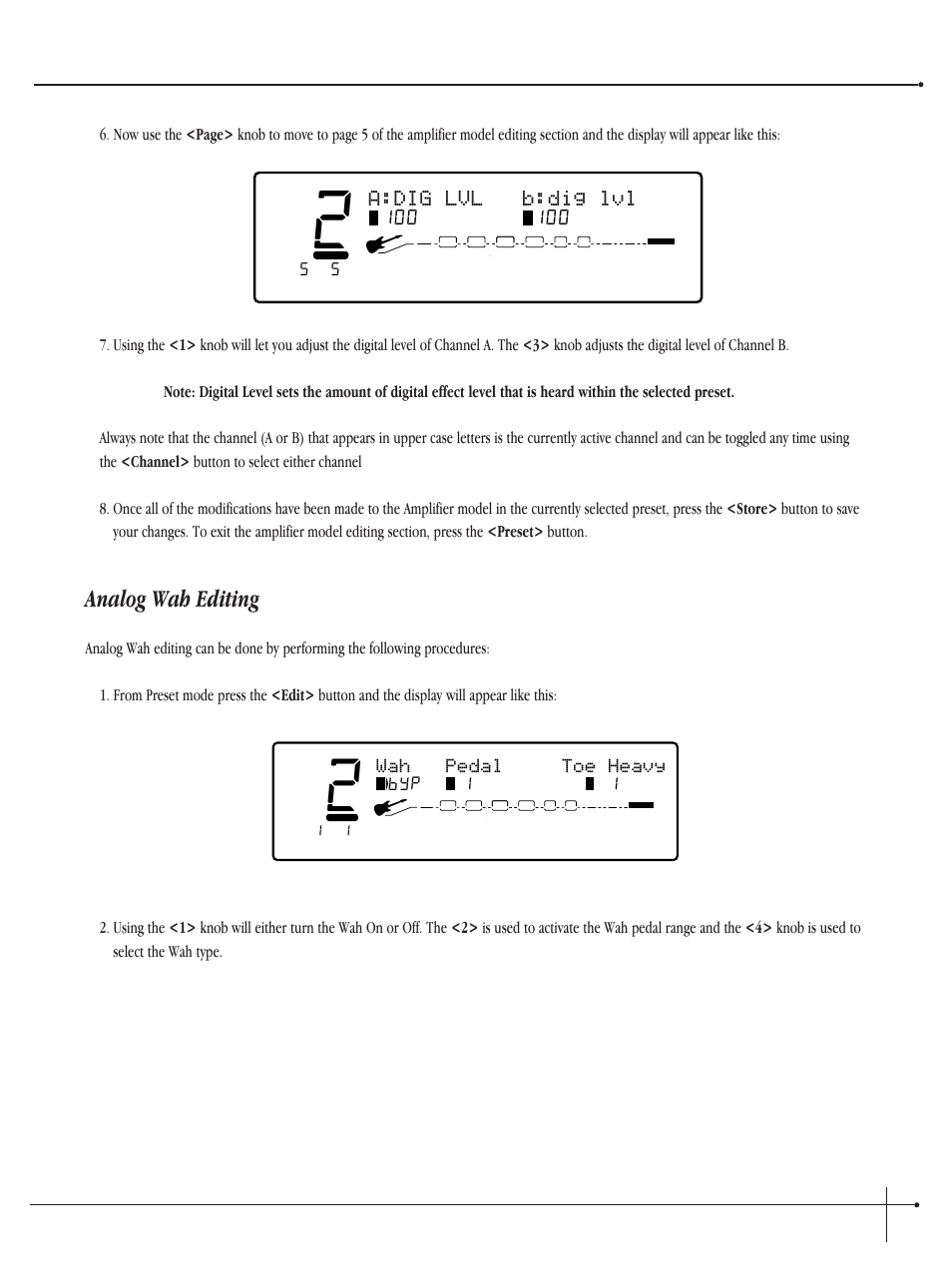 Analog wah editing, User guide, A:dig lvl b:dig lvl | Wah pedal toe heavy, Johnson millennium | Millennium Enterprises Integrated Modeling Amplifier User Manual | Page 33 / 116