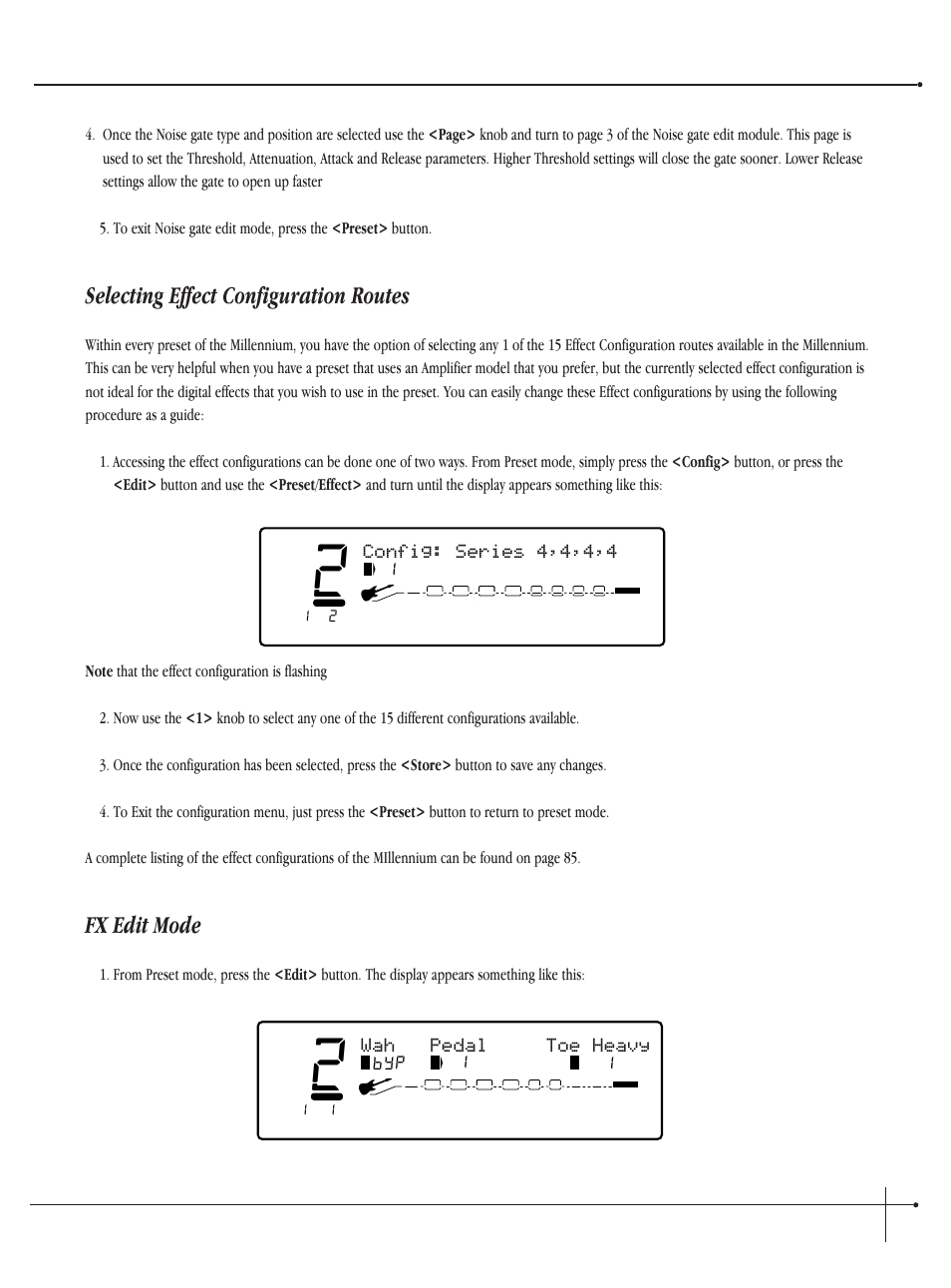 Selecting effect configuration routes, Fx edit mode, User guide | Wah pedal toe heavy, Config: series 4,4,4,4, Johnson millennium | Millennium Enterprises Integrated Modeling Amplifier User Manual | Page 35 / 116