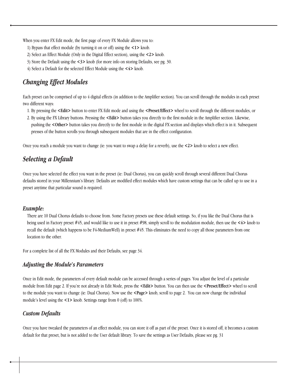 Changing effect modules, Selecting a default | Millennium Enterprises Integrated Modeling Amplifier User Manual | Page 36 / 116