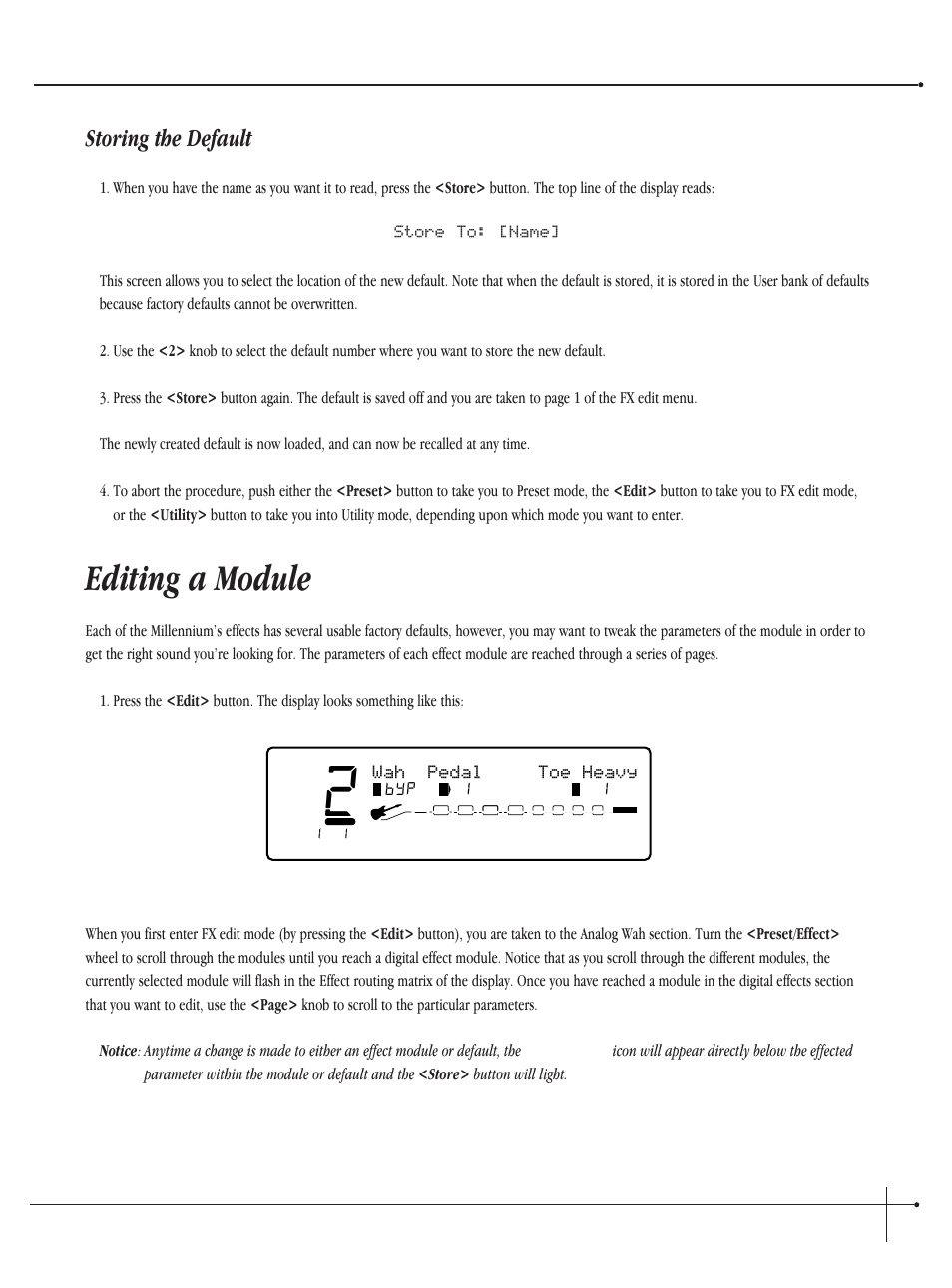 Editing a module, Storing the default, User guide | Wah pedal toe heavy, Johnson millennium | Millennium Enterprises Integrated Modeling Amplifier User Manual | Page 39 / 116