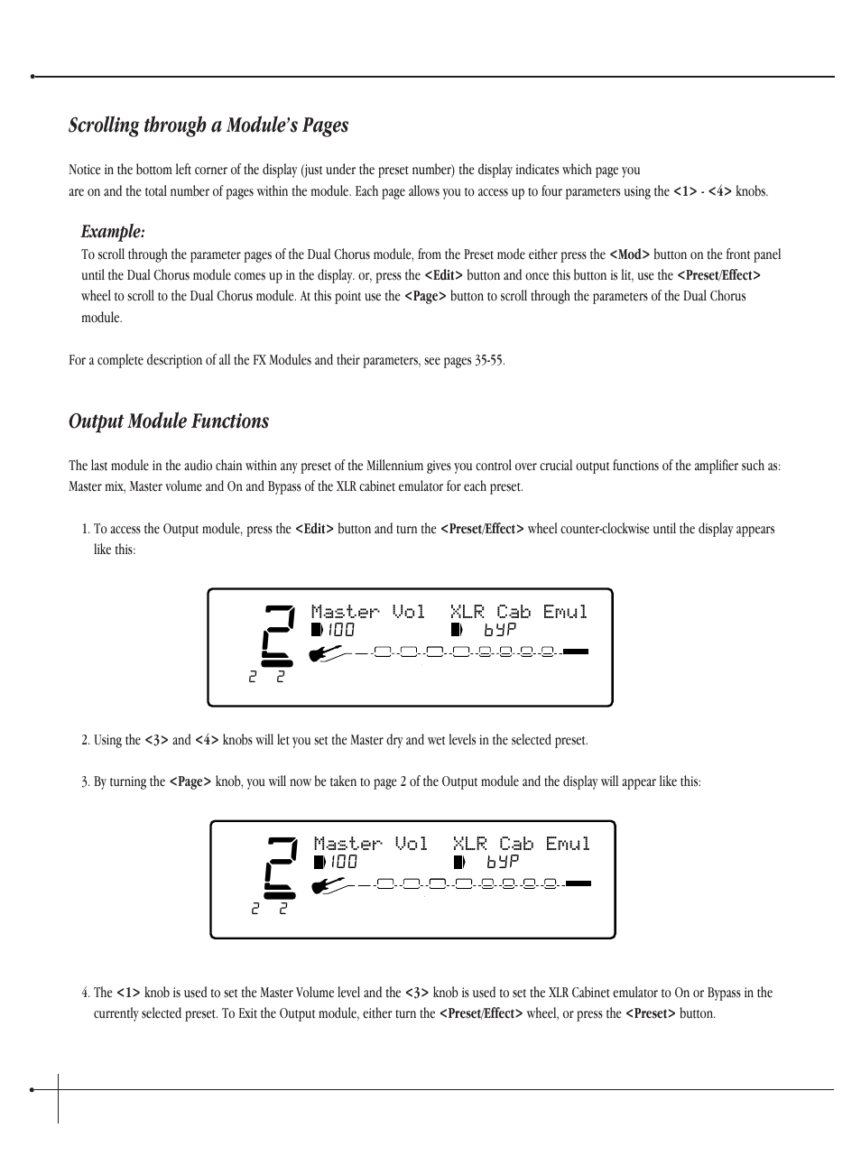 Scrolling through a module’s pages, Output module functions, User guide | Example, Master vol xlr cab emul, Johnson millennium | Millennium Enterprises Integrated Modeling Amplifier User Manual | Page 40 / 116