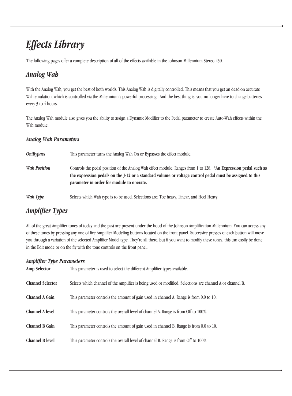 Effects library, Analog wah, Amplifier types | Millennium Enterprises Integrated Modeling Amplifier User Manual | Page 43 / 116