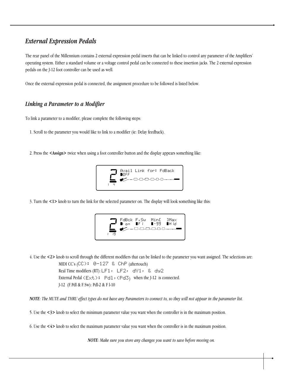 External expression pedals, User guide, Linking a parameter to a modifier | Johnson millennium, Fdbck f.sw min[ ]max | Millennium Enterprises Integrated Modeling Amplifier User Manual | Page 65 / 116