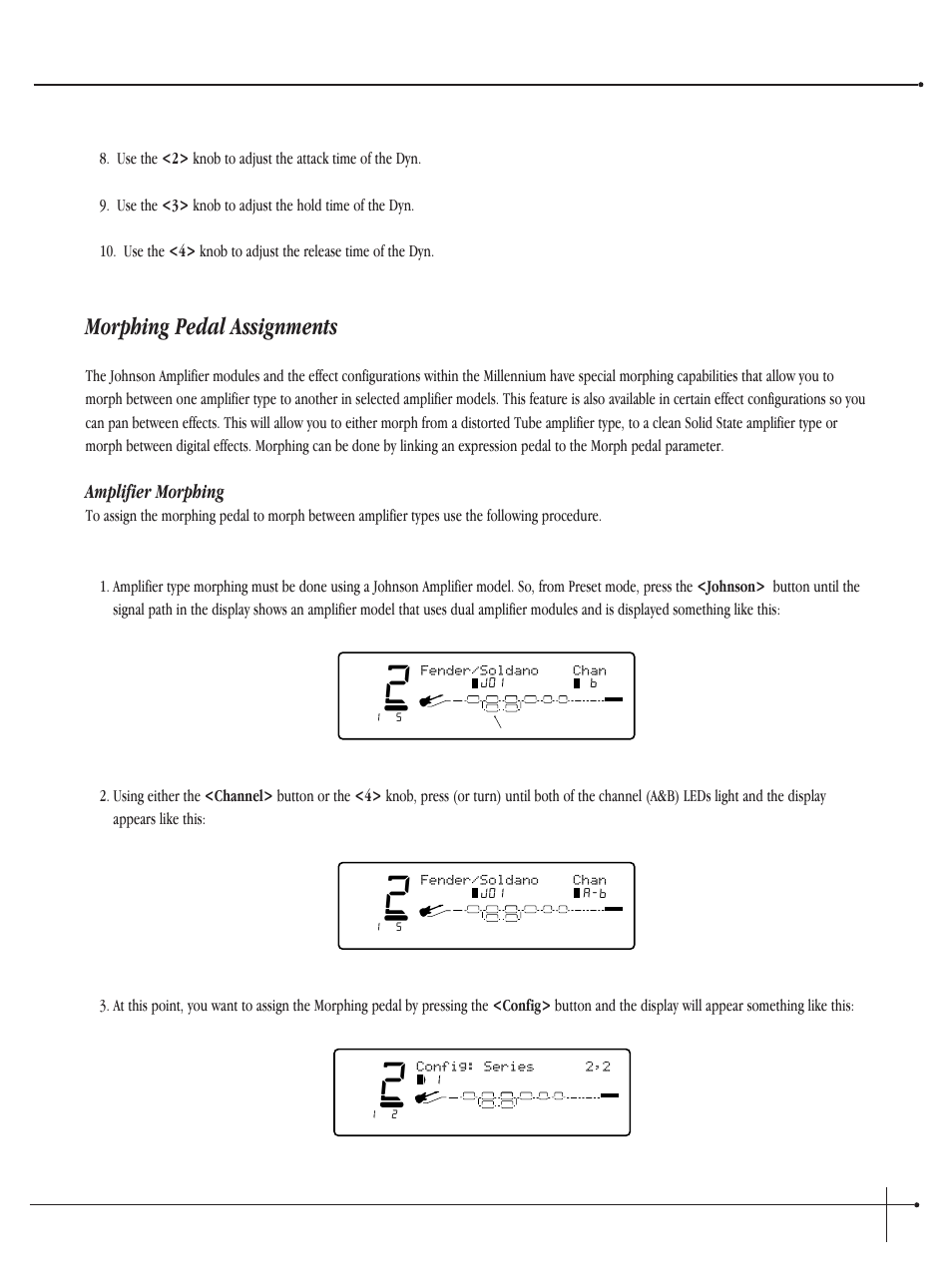 Morphing pedal assignments, User guide, Amplifier morphing | Johnson millennium, Config: series 2,2, Fender/soldano chan | Millennium Enterprises Integrated Modeling Amplifier User Manual | Page 67 / 116