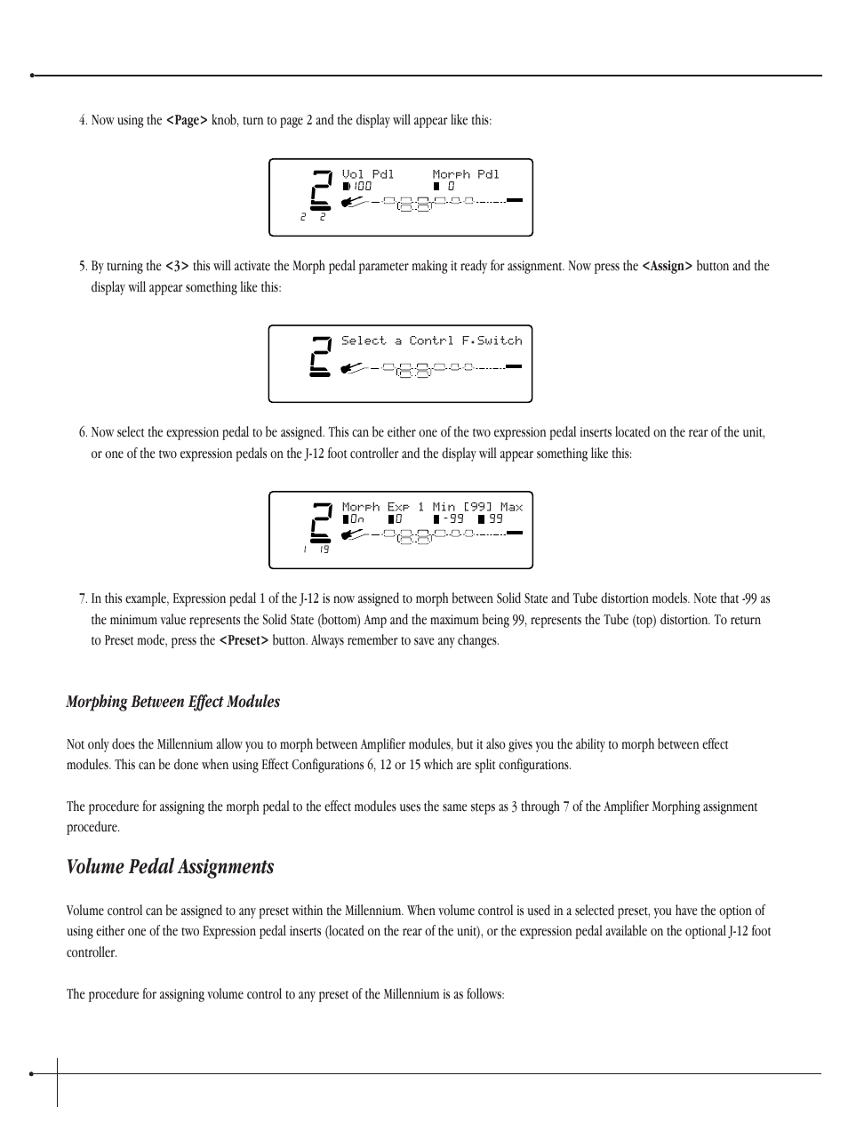 Volume pedal assignments, User guide, Morphing between effect modules | Johnson millennium, Morph exp 1 min [99] max, Select a contrl f.switch, Vol pdl morph pdl | Millennium Enterprises Integrated Modeling Amplifier User Manual | Page 68 / 116