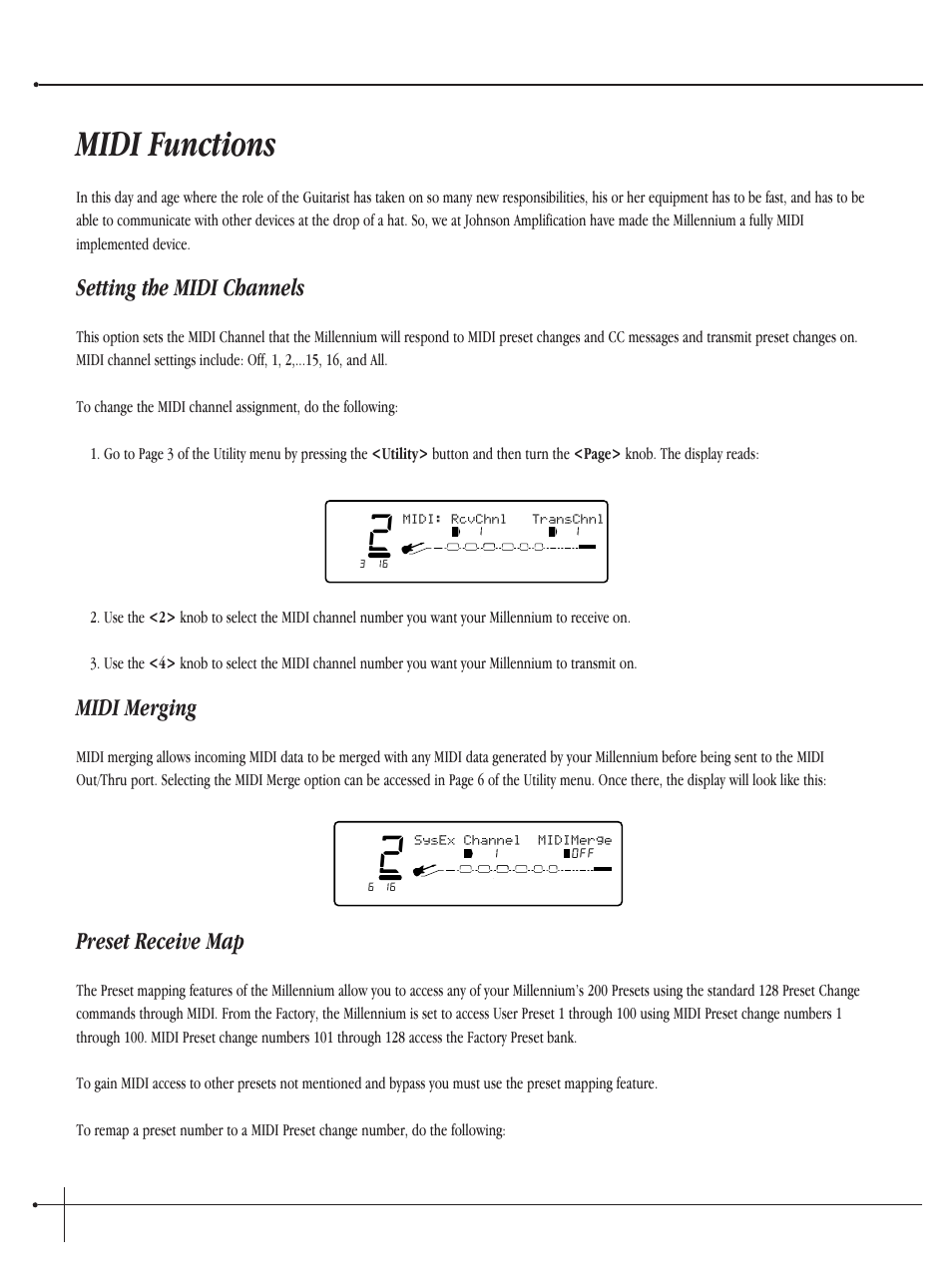 Midi functions, Setting the midi channels, Midi merging | Preset receive map, User guide, Johnson millennium | Millennium Enterprises Integrated Modeling Amplifier User Manual | Page 70 / 116