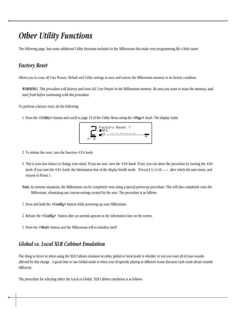 Other utility functions, Factory reset, Global vs. local xlr cabinet emulation | User guide, Johnson millennium | Millennium Enterprises Integrated Modeling Amplifier User Manual | Page 74 / 116
