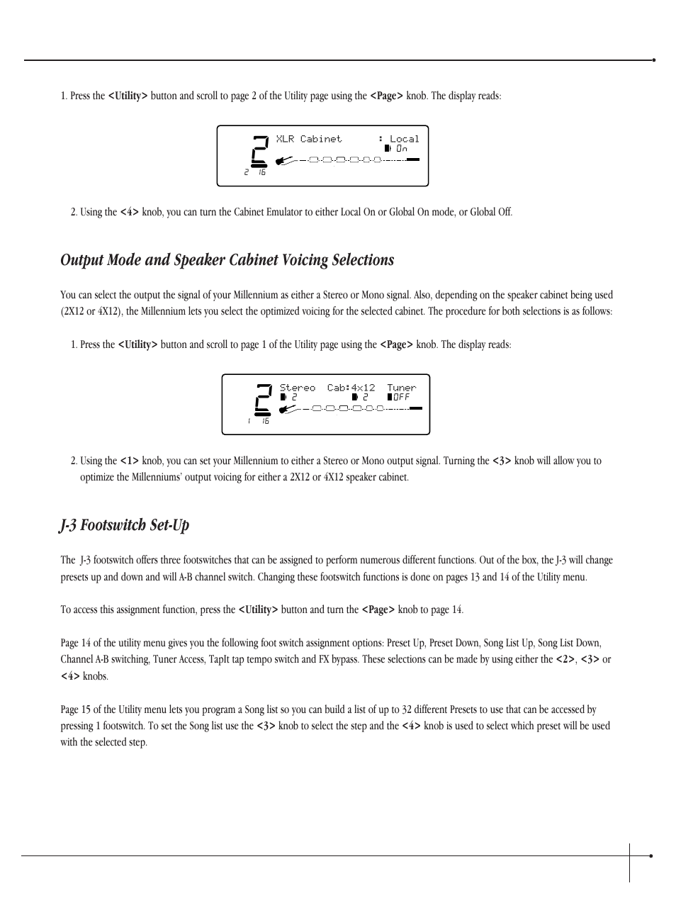 Output mode and speaker cabinet voicing selections, J-3 footswitch set-up, User guide | Johnson millennium, Stereo cab:4x12 tuner, Xlr cabinet : local | Millennium Enterprises Integrated Modeling Amplifier User Manual | Page 75 / 116