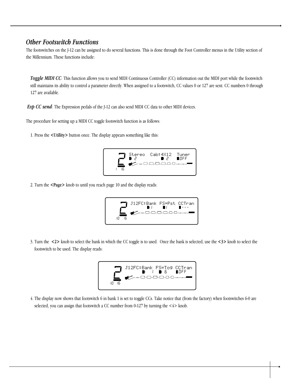 Other footswitch functions, User guide, Toggle midi cc | Exp cc send, Johnson millennium, J12fc:bank fs=tog cctran, J12fc:bank fs=pst cctran, Stereo cab:4x12 tuner | Millennium Enterprises Integrated Modeling Amplifier User Manual | Page 79 / 116