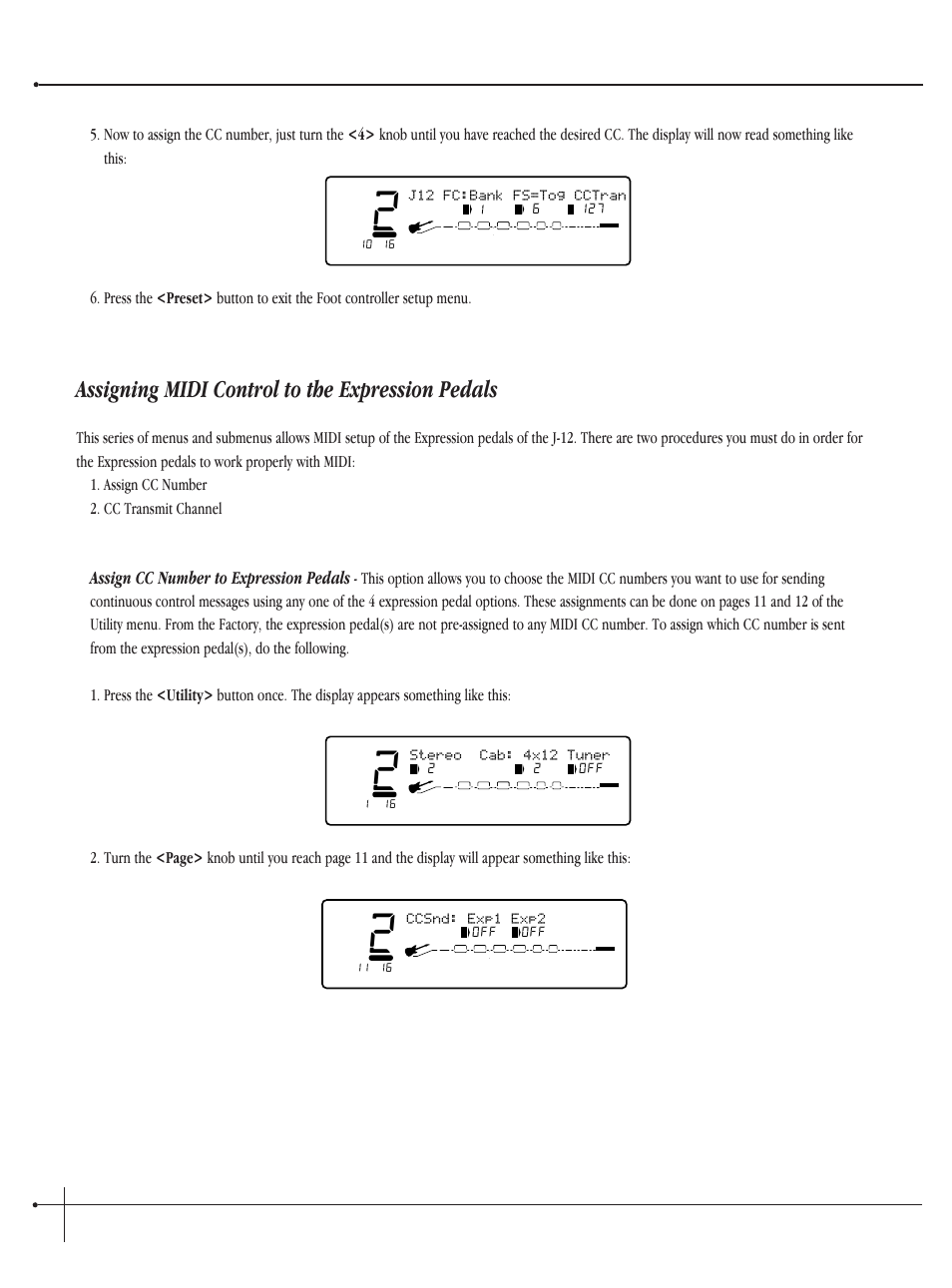 Assigning midi control to the expression pedals, User guide, Assign cc number to expression pedals | Johnson millennium, Ccsnd: exp1 exp2, Stereo cab: 4x12 tuner, J12 fc:bank fs=tog cctran | Millennium Enterprises Integrated Modeling Amplifier User Manual | Page 80 / 116