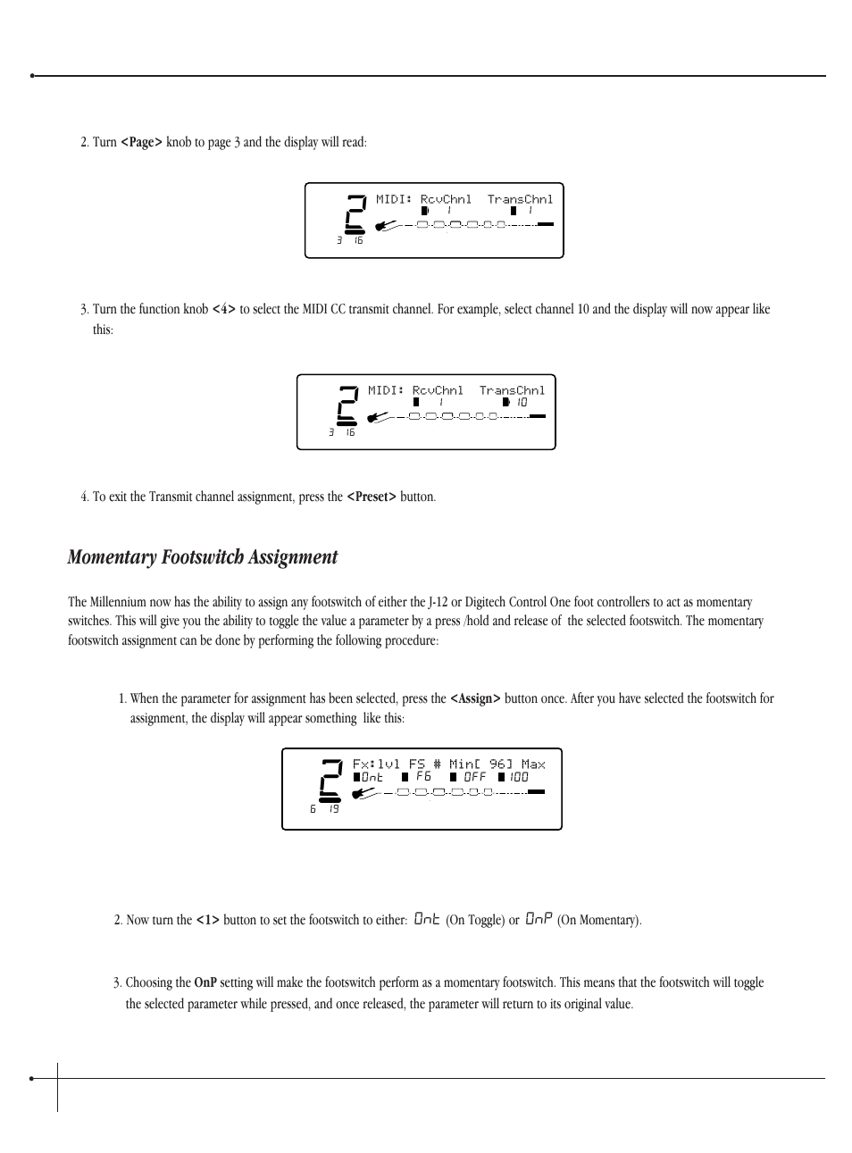 Momentary footswitch assignment, User guide, Johnson millennium | Fx:lvl fs # min[ 96] max, Midi: rcvchnl transchnl | Millennium Enterprises Integrated Modeling Amplifier User Manual | Page 82 / 116