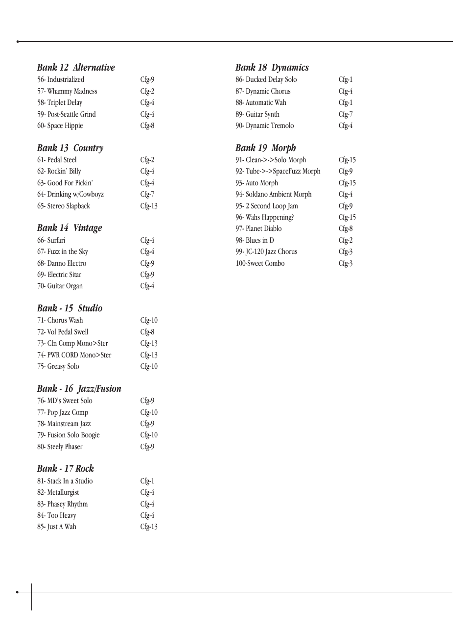 User guide, Bank 12 alternative, Bank 13 country | Bank 14 vintage, Bank - 15 studio, Bank - 16 jazz/fusion, Bank - 17 rock, Bank 18 dynamics, Bank 19 morph | Millennium Enterprises Integrated Modeling Amplifier User Manual | Page 86 / 116
